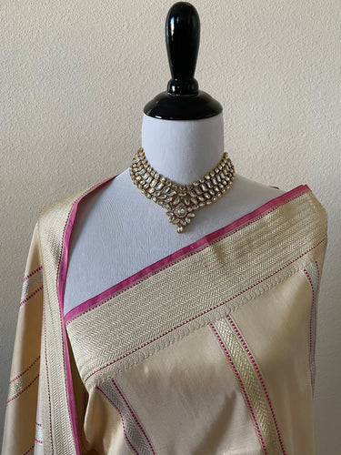 Banarasi Katan Silk Saree | Beige With Meenakari Border | Gold & Silver Zari | Handwoven | Silk Mark | Ships from California